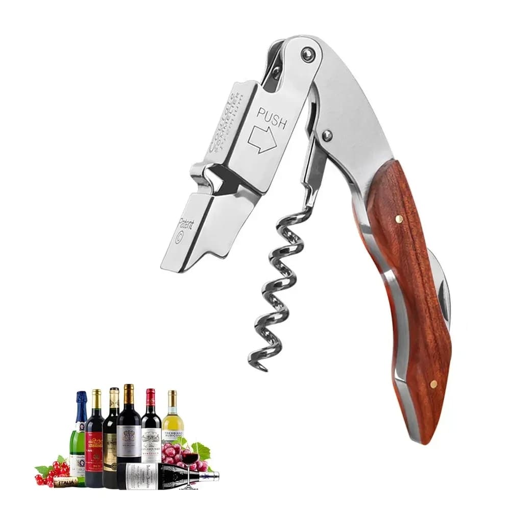 Abridor de garrafas de vinho de aço inoxidável com alça de madeira multifuncional