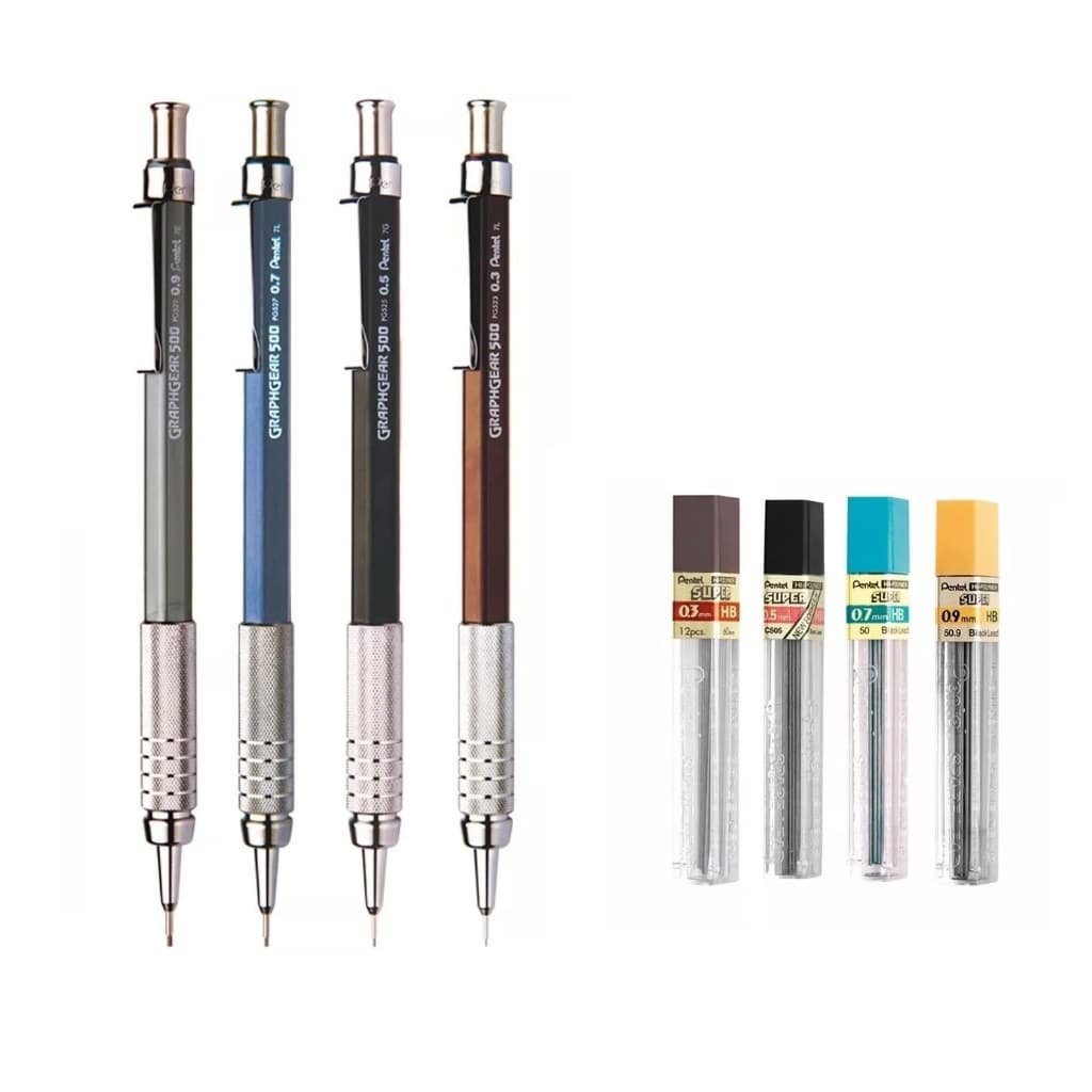Lapiseiras Pentel Graphgear 500 03. 0.5 0.7 E 0.9 + Grafites
