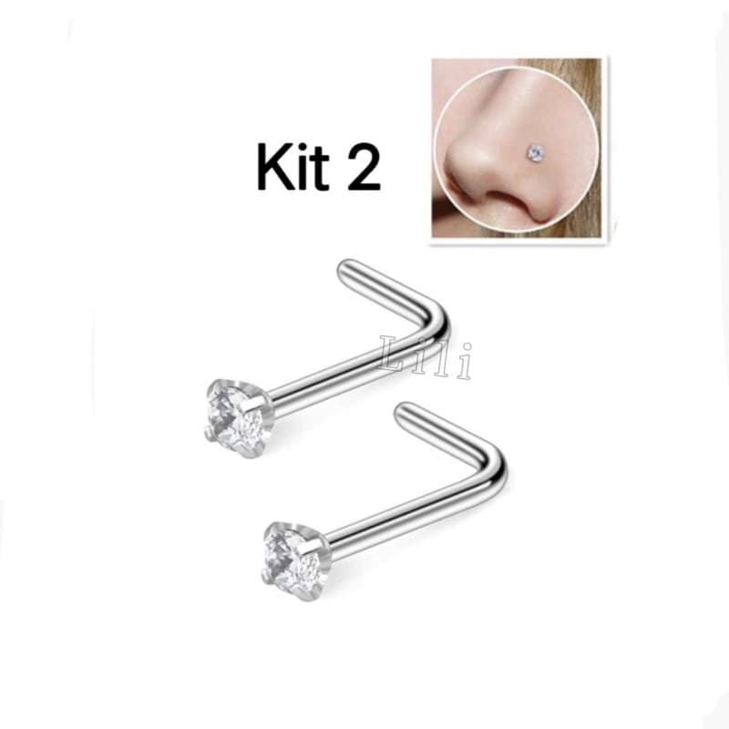 kit 2 Piercing Nariz Nostril Pedra Zirconia 3mm Pt De Luz Haste L/ Curvo