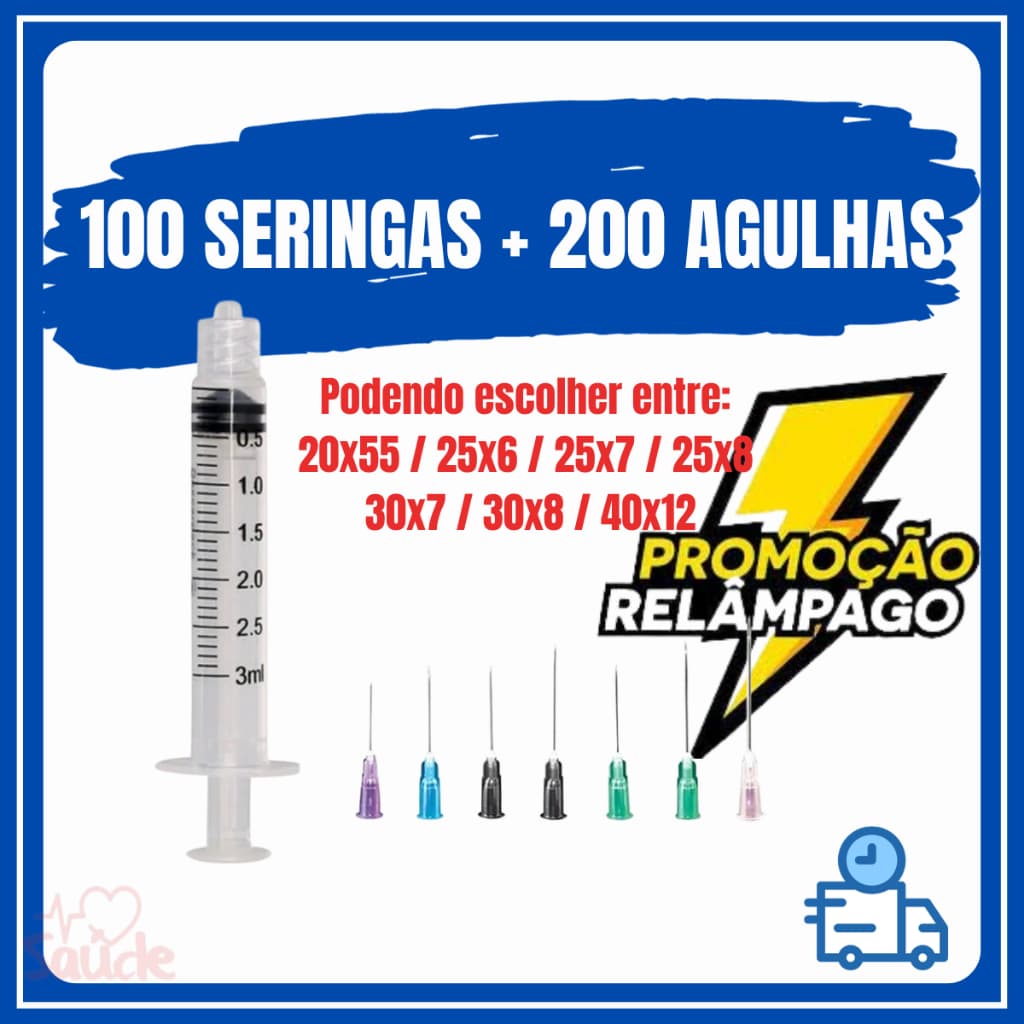 100 Seringas 3 ml com 200 Agulhas a sua escolha podendo escolher entre 20x55 / 25x7 / 25x6 / 25x8 / 30x7 / 30x8 / 40x12