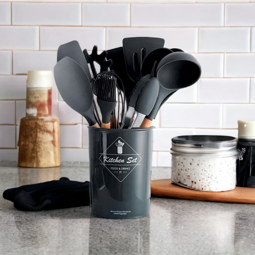 Jogo de Cozinha Kit 12 Peças de Silicone de Alta Resistência e Cabo de Madeira - Tamanho Grande