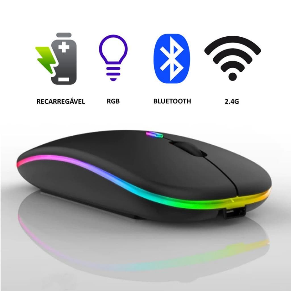 Mouse sem fio Wireless Bluetooth Sem Fio Led RGB Recarregável Silencioso