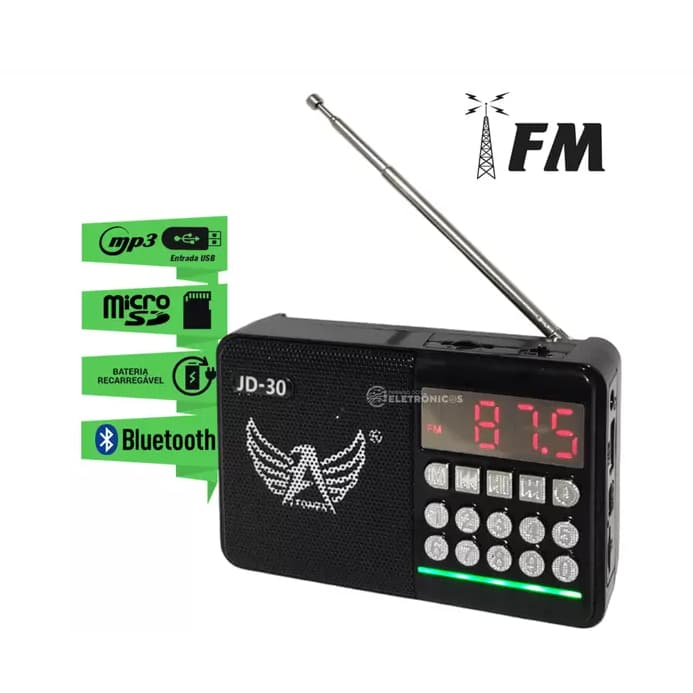 Rádio Fm Portátil Com Bluetooth Mp3 Recarregável Conexão USB JD30 - ALTOMEX