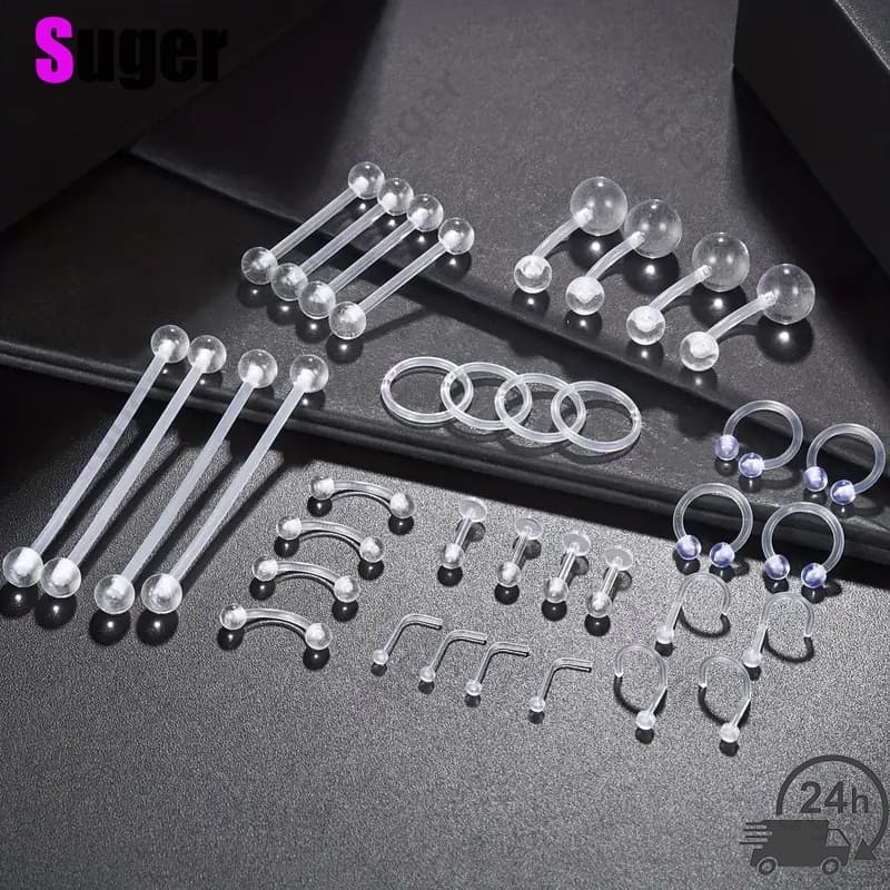 30 peças de kit de piercing retentores de plástico industrial barbell sobrancelha lábio nariz anel acrílico Daith Labret em forma de L barra de umbigo transparente cartilagem transparente hélice barra de argola piercing corporal para homens