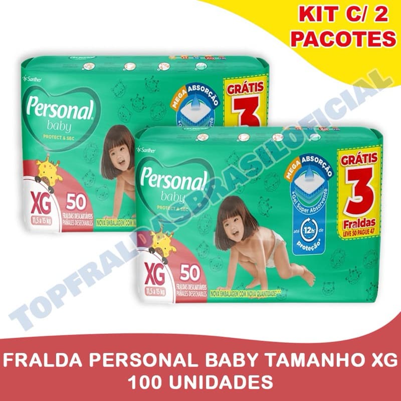 Kit 2ptes Fralda Personal Baby 11,5 a 15kg XG 50un - Total 100un HIPER