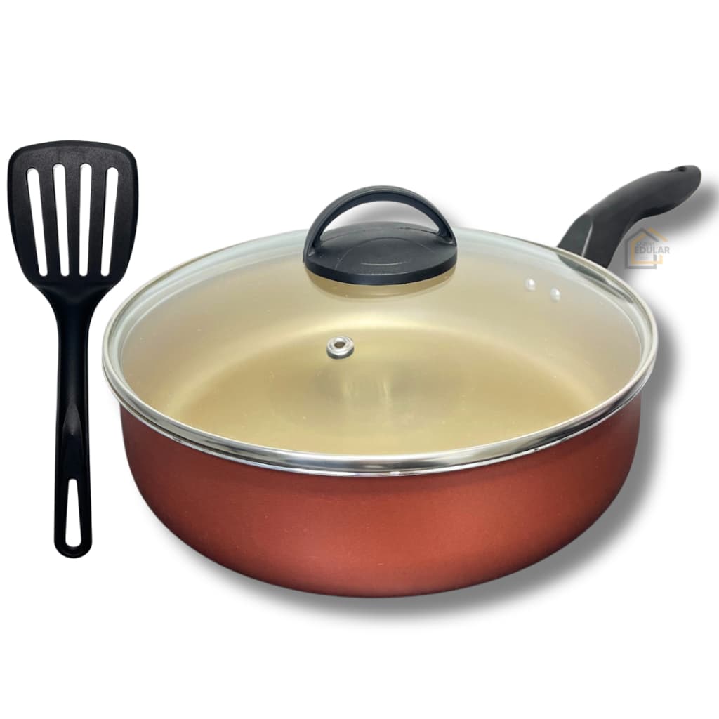 Frigideira Alta Funda 24 cm Antiaderente Teflon  com Tampa de Vidro + Espátula Nylon