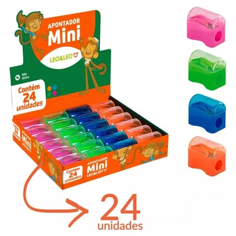 Apontador Escolar Com Deposito Mini 24 Un Leo Leo Kit 24 Apontador Com Depósito Mini Cestinha Leo & Leo - Leo leo
