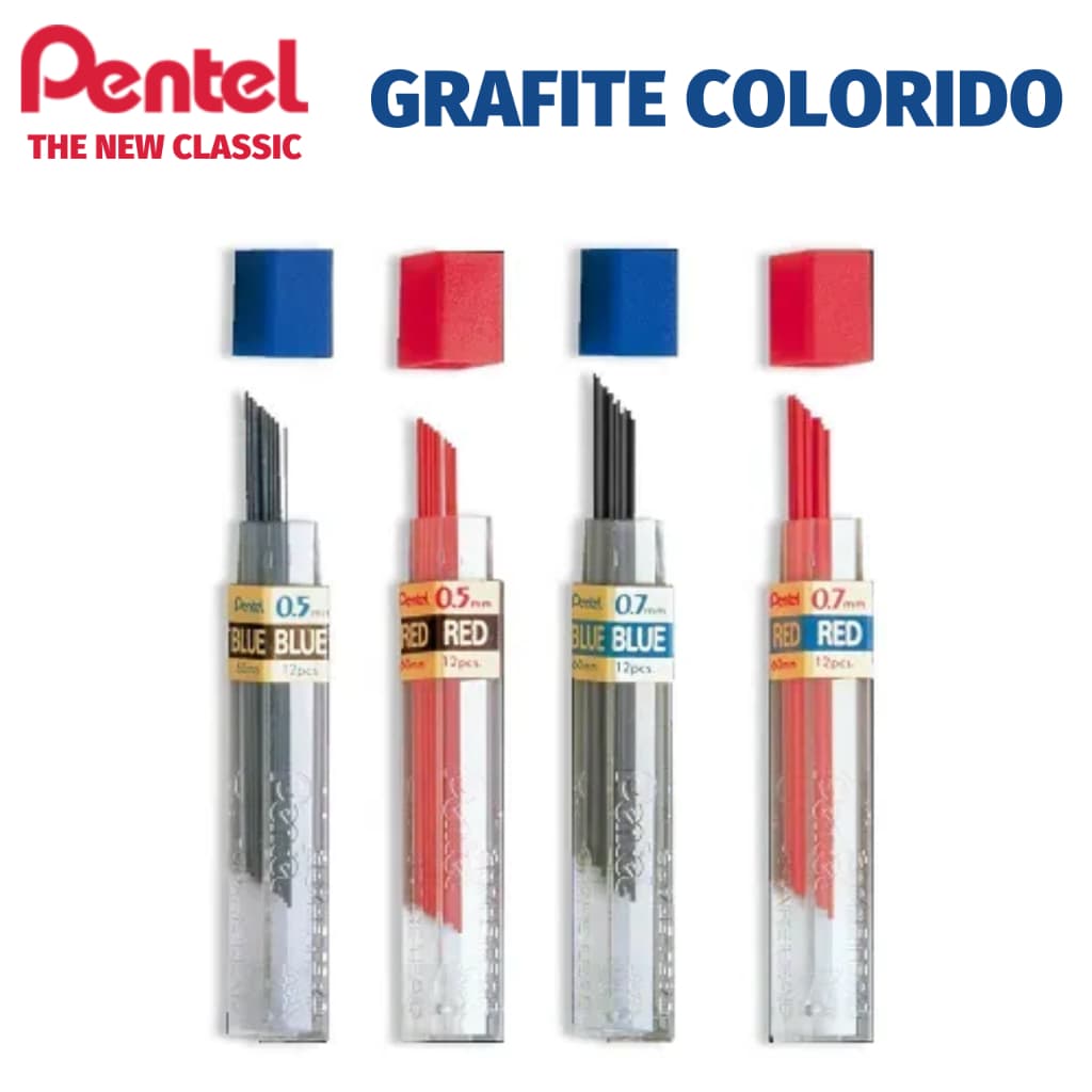 Grafite Colorido para Lapiseira Pentel - 0.7mm ou 0.5mm - Azul e Vermelho