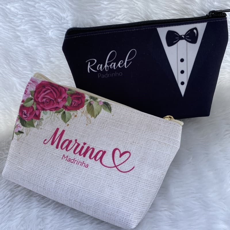 PRODUÇÃO EM 1 DIA ÚTIL - Kit 2 Necessaire Padrinho+Madrinha com Nome para Casamento