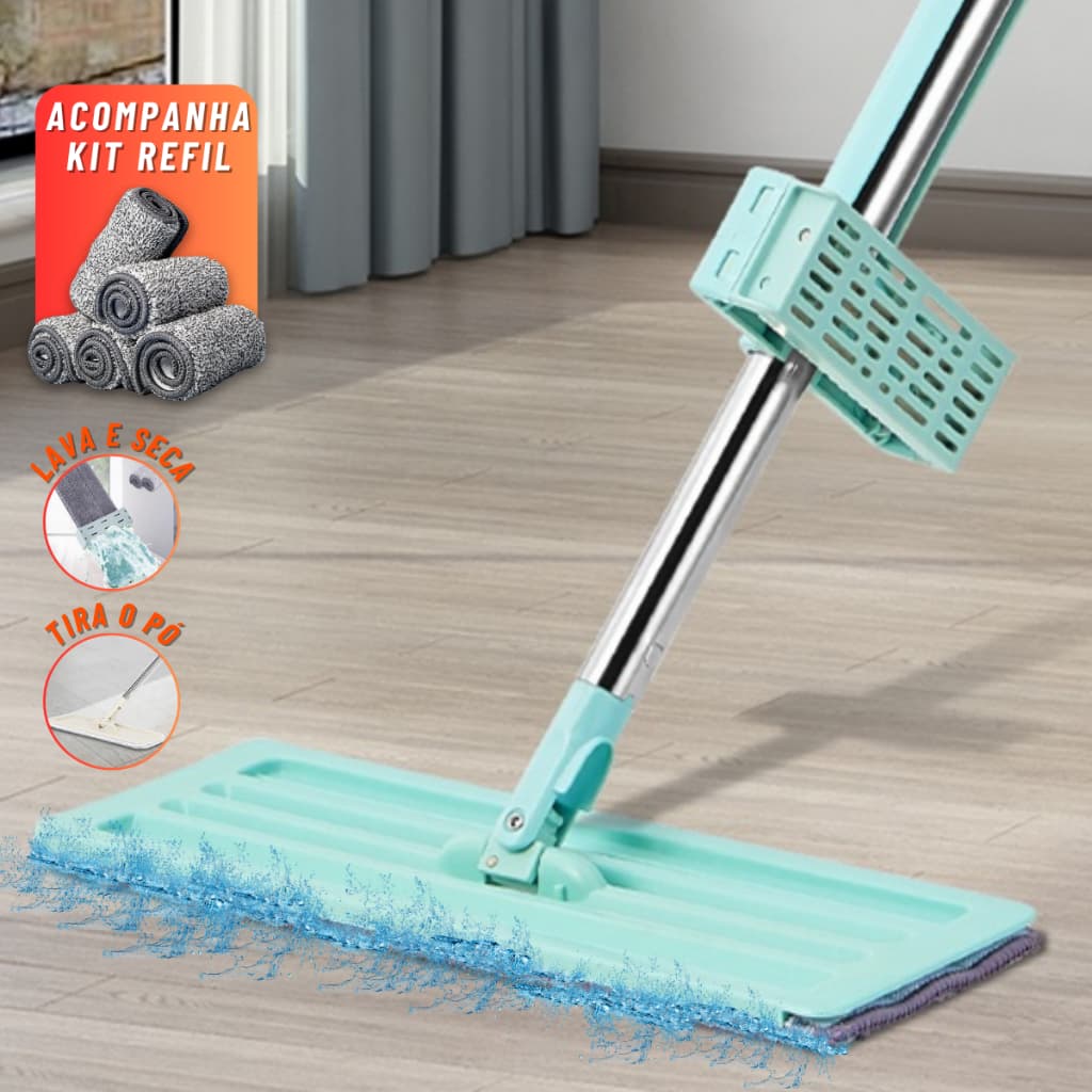 Esfregão Rodo Mop Mágico Inteligente Flat 360° Graus Flexível Puxa e Seca Limpeza Casa Limpa Fácil Microfibra Alta Absorção