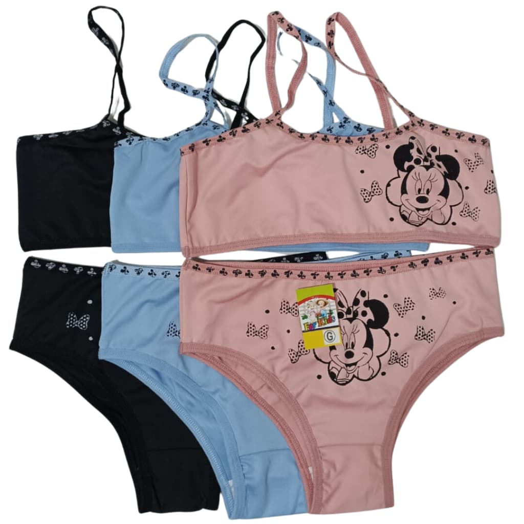 Kit 3 Conjunto Infantil Calcinha e Top Minnie Poliéster