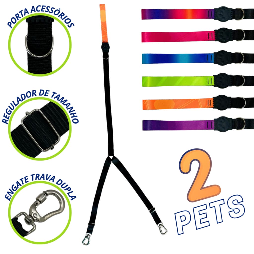Guia coleira dupla para passear com 2 pets cachorro gato