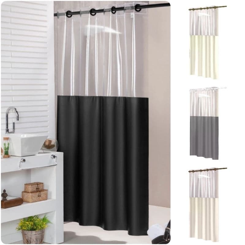 Cortina Para Box De Banheiro 1,38m x 1,98m Lisa/Visor e Ilhós/Ganchos Vinil Impermeável Antimofo