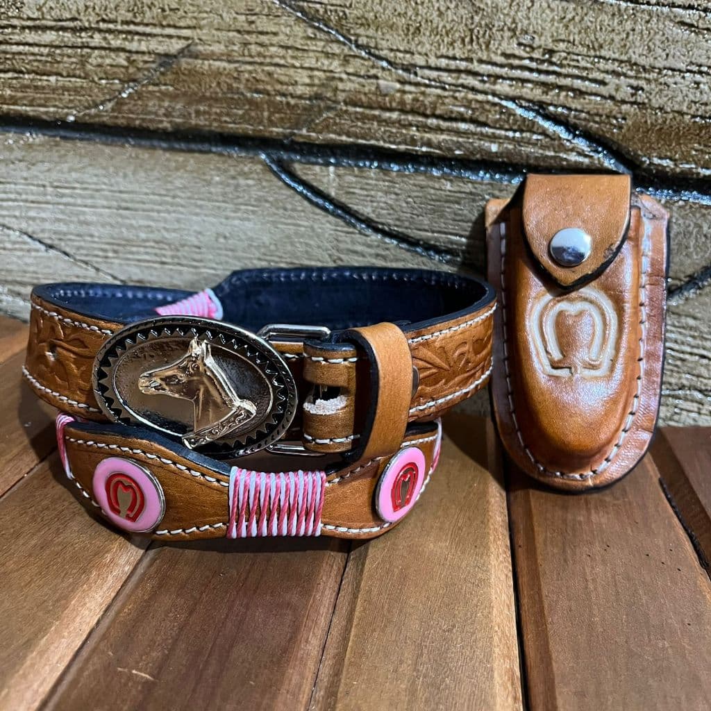 Cinto Infantil Feminino Mangalarga Rosa + Bainha de Canivete Mangalarga Couro Legítimo