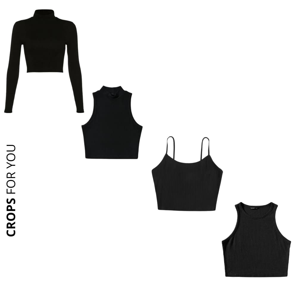 Kit 4 Croppeds Modelos Variados, Manga longa, Gola Alta, Alcinha e Regata Canelados