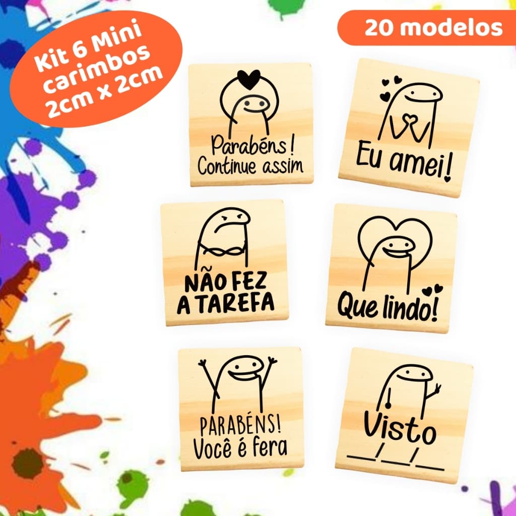 Mini Carimbo Pedagógico FLORK 2x2cm Madeira Kit ou Individual Bento Meme Professora Escolar Professor Educação Infantil