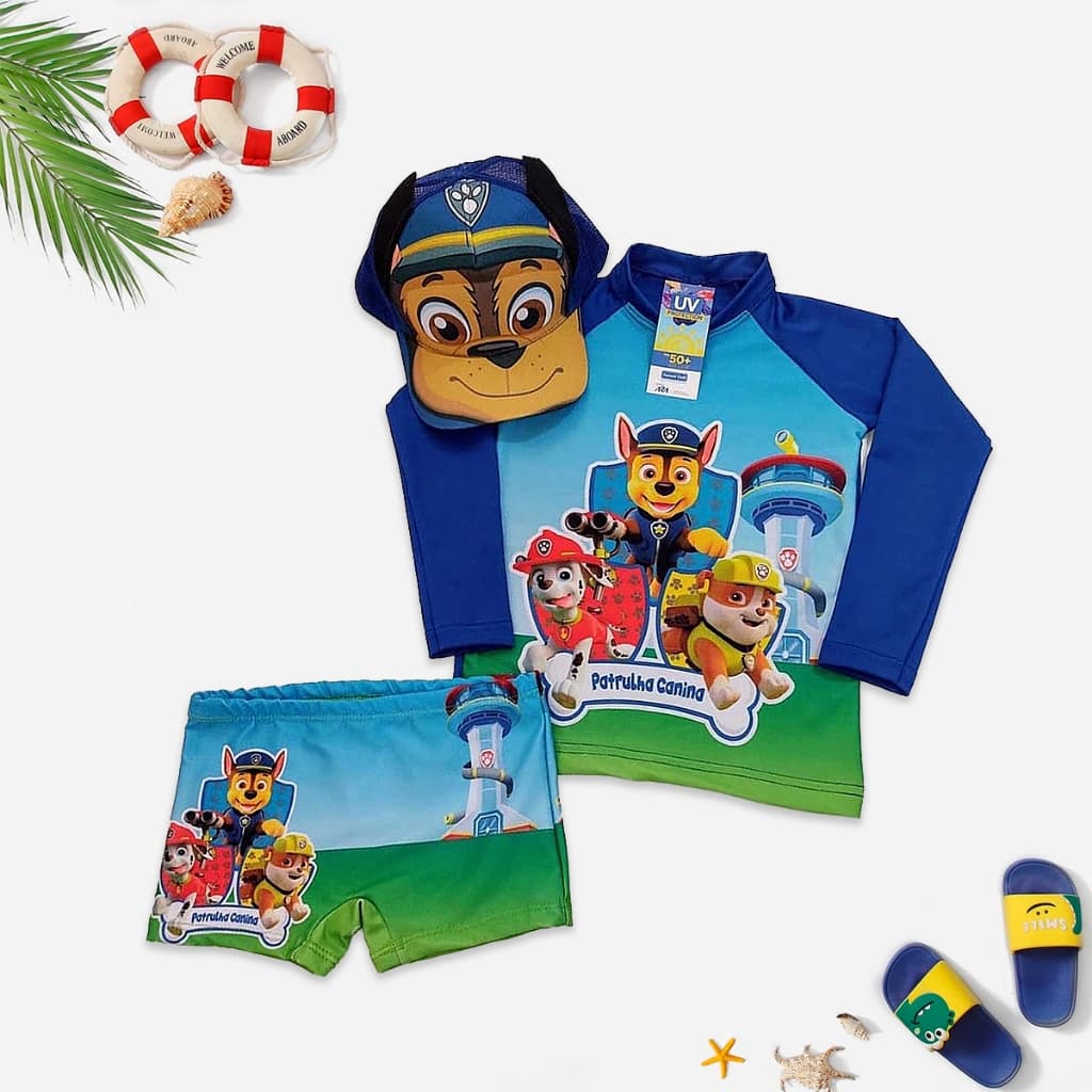 Sunga infantil + Camisa UV + Boné - Proteção Solar UV 50 - Conjunto UV para meninos - Praia