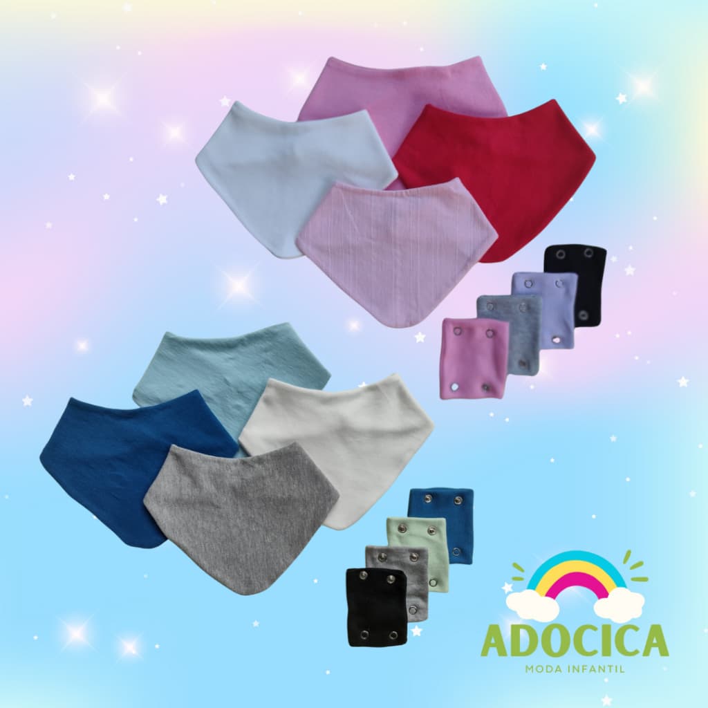 Kit 4 babadores bandana  + 4 extensores de body bebê cores variadas