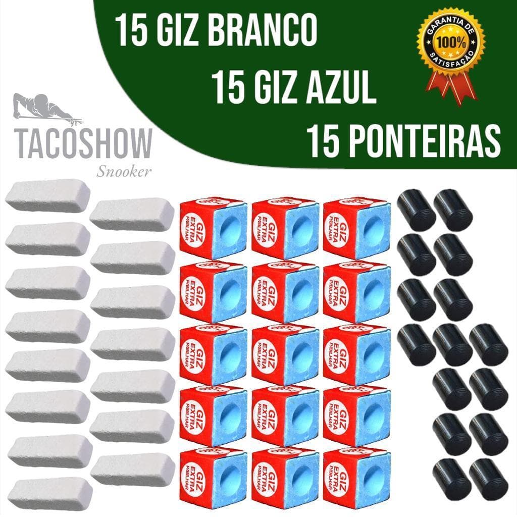 Kit Para Reparo Taco de Sinuca Bilhar 15 Ponteiras Virola Rista 15 Giz Azul 7Belo 15 Giz Branco Quadrado P/ Jogar Sinuca