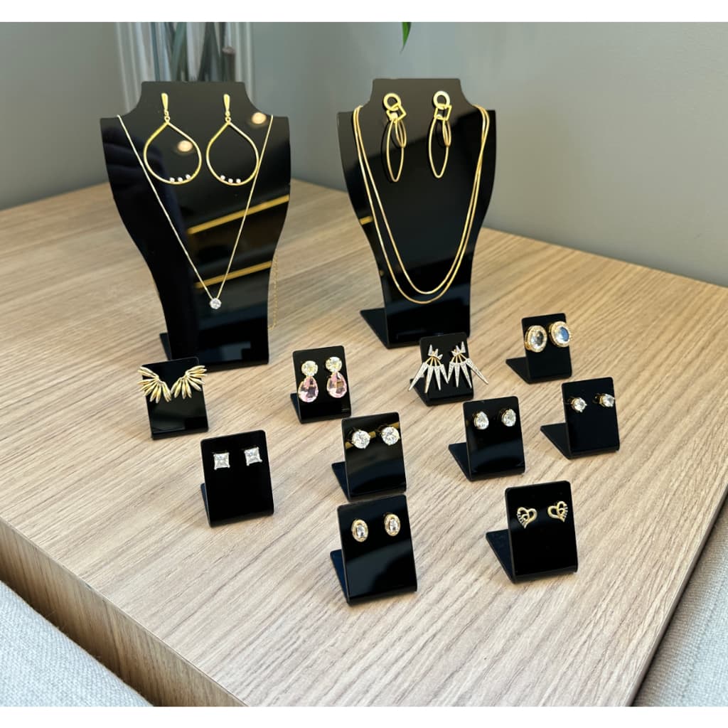 Kit Vitrine de Expositores em Acrílico Preto Suportes Colares, Brincos e Brinco Pequeno Organização