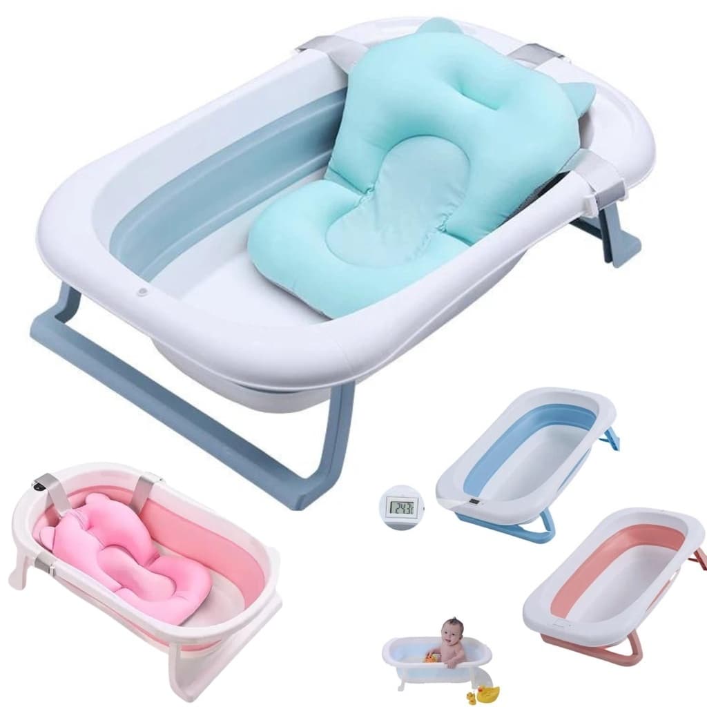 J007 Kit Banheira Retrátil Dobrável mais Almofada Banho Flutuante Bebê Infantil