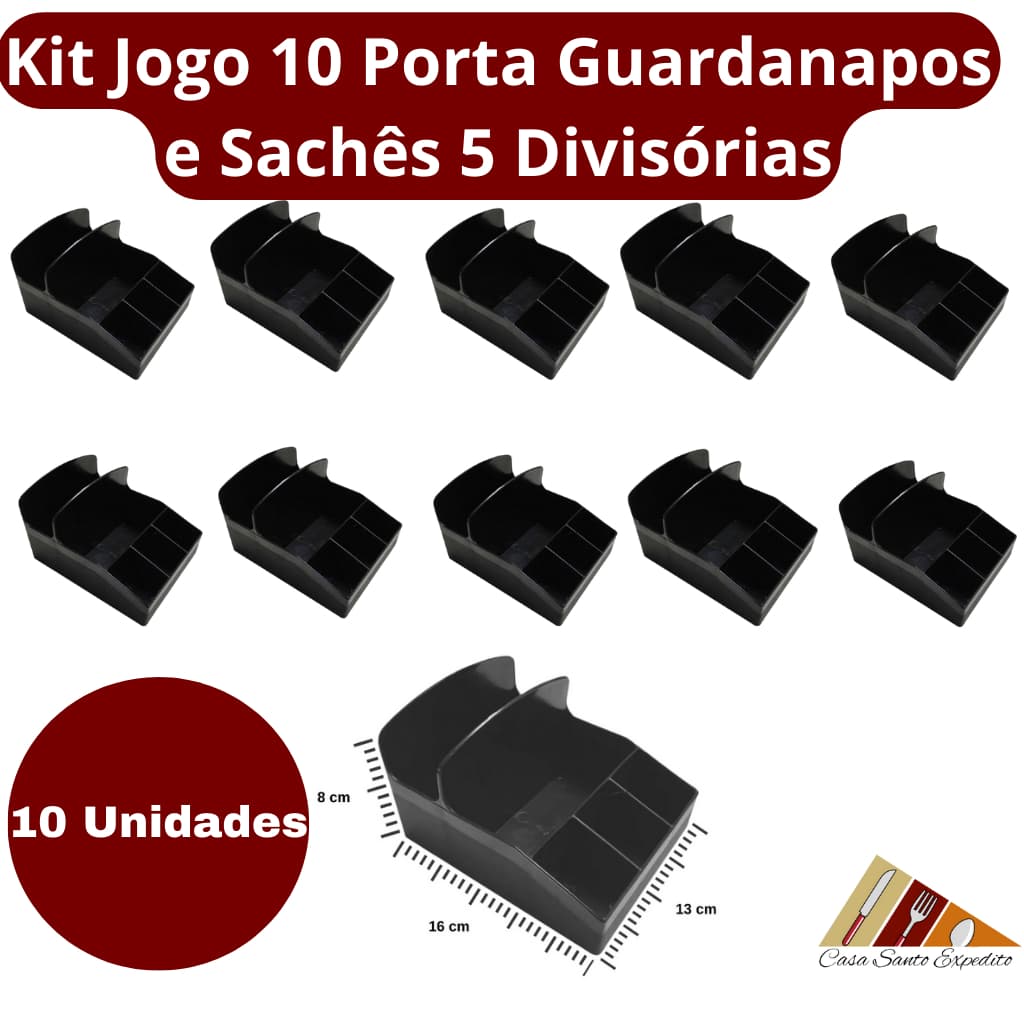 Kit Jogo 10 Porta Guardanapos e Sachês 5 Divisórias Bar Restaurante Lanchonete Preto