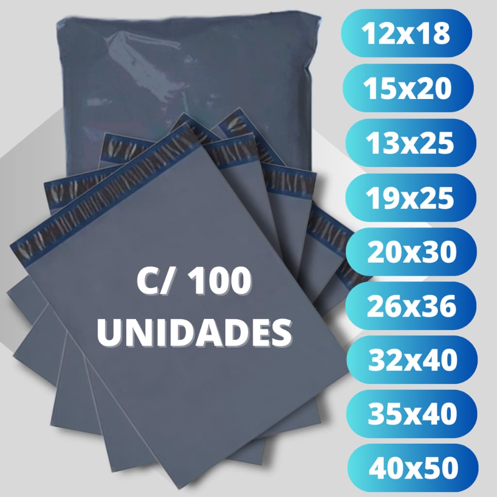 Kit Envelope de Segurança com 100 unidades embalagem cinza auto colante Envios Ecommerce - Varias medidas