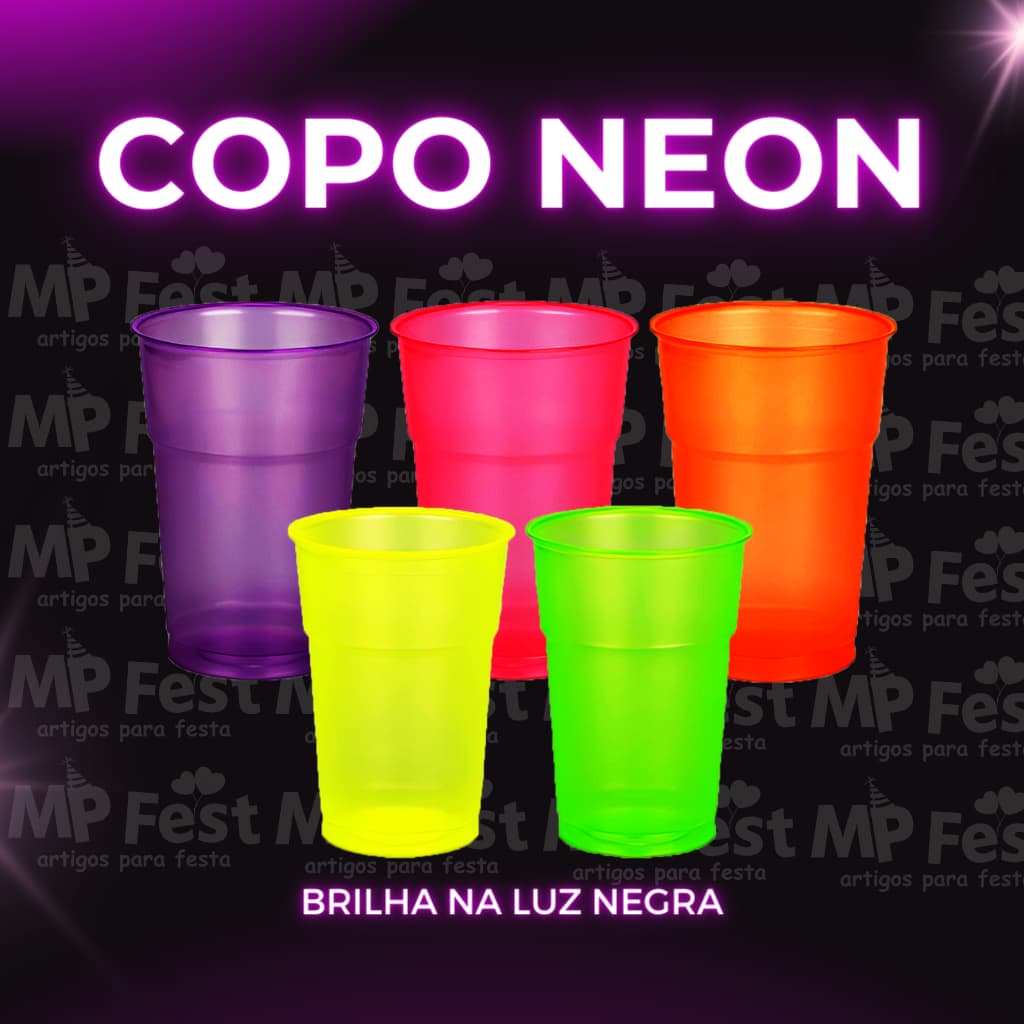 Kit 50 Copos Neon Premium Descartável 300ml Para Bebida Festa Aniversário Balada