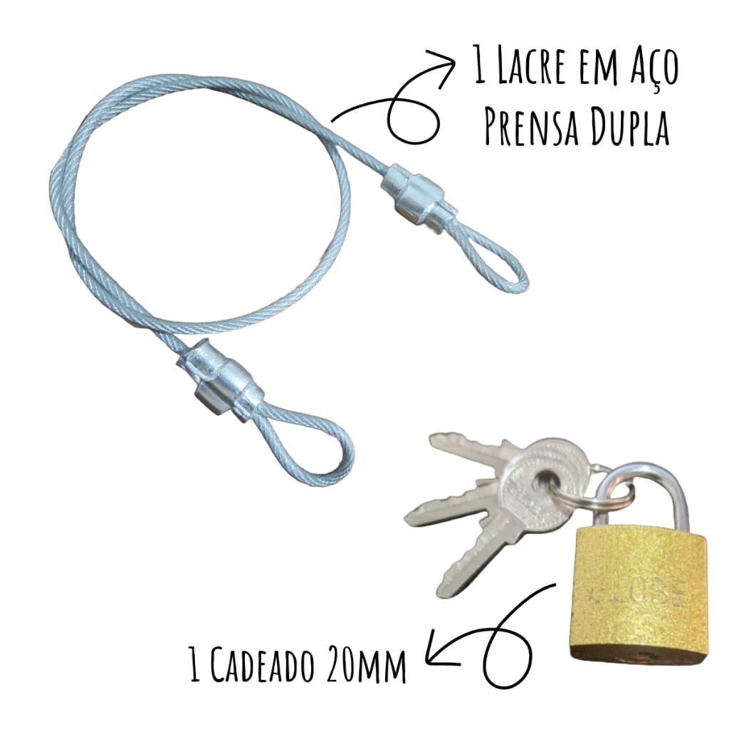 Kit Travel 1 Lacre em Aço prensa Dupla 35cm + 1 Cadeado 20mm - Mala Bagagen Capacete Bike