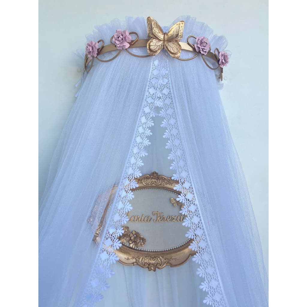 Dossel Arabesco Flor Rosa e Borboleta Dourada e Mosquiteiro em Tule