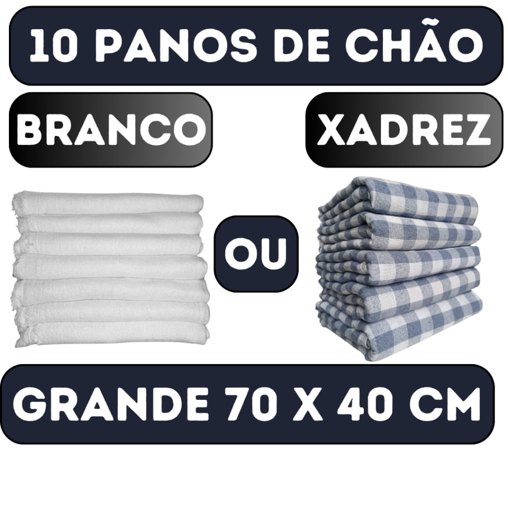 Kit c/ 10 Panos de Chão Grande 70x40cm - Saco Duplo Xadrez Azul Alvejado ou Branco Alvejado - Neves