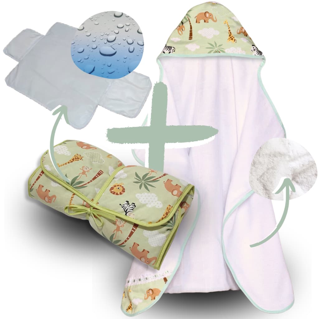 Kit Toalha de Banho para Bebe + Trocador Portatil Impermavel com 1 Bolso Tecido Estampado 100% Algodão