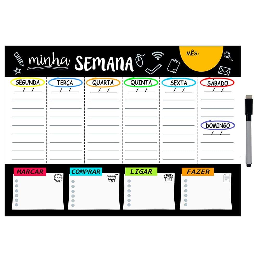 Quadro Planejador de Metal Semanal  29x40cm + Caneta