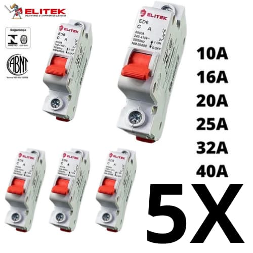 Kit 5 Disjuntor Unipolar Mono 10a, 16a, 20a, 25a, 32a, 40a, 50a, 63a Casa Curva C Elitek