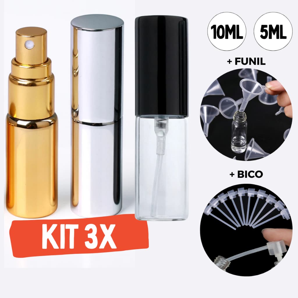 3X Porta Perfume 5ml ou 10ml Spray Vidro com Funil e Dispenser Mini Frasco Recarregável Portátil