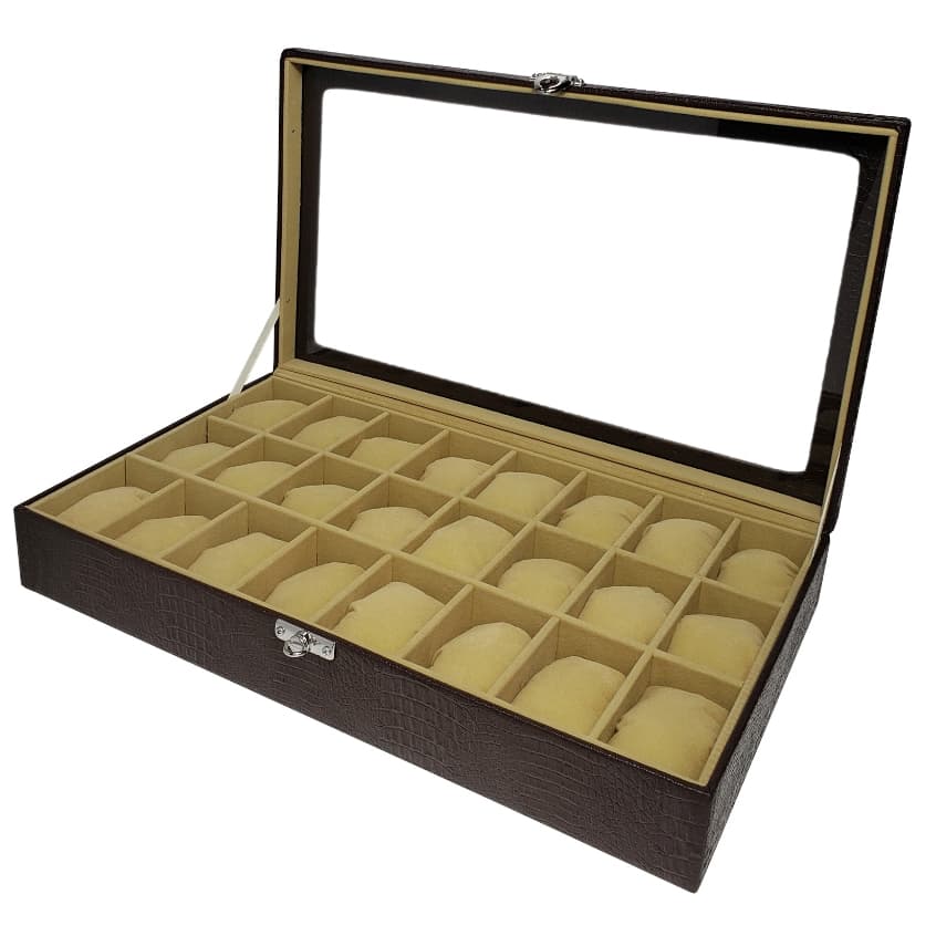 Organizador Para 24 relógios com Vidro Marrom Interno Bege com Tampa de Vidro
