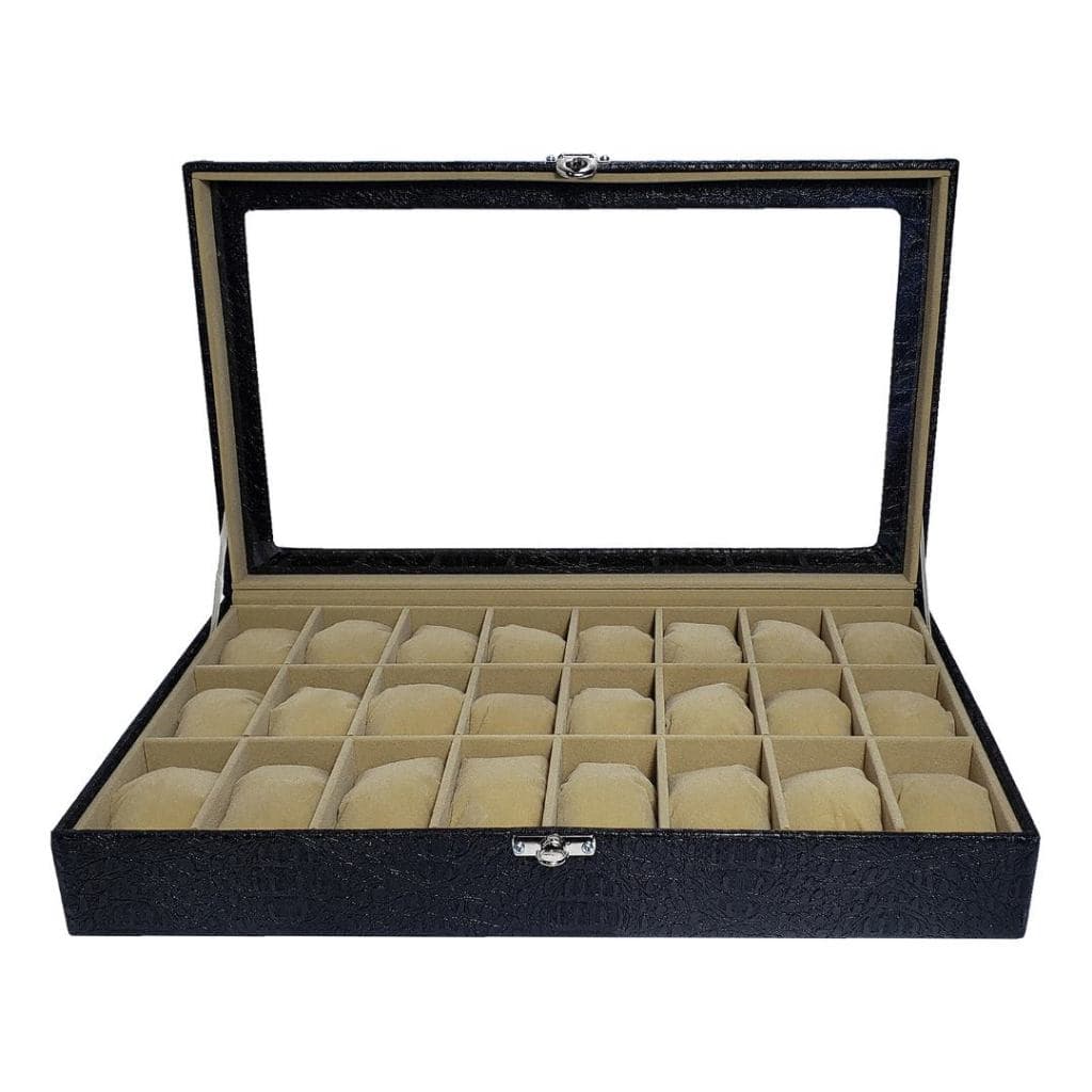 Organizador Para 24 relógios com Vidro Preto Interno Bege com Tampa de Vidro