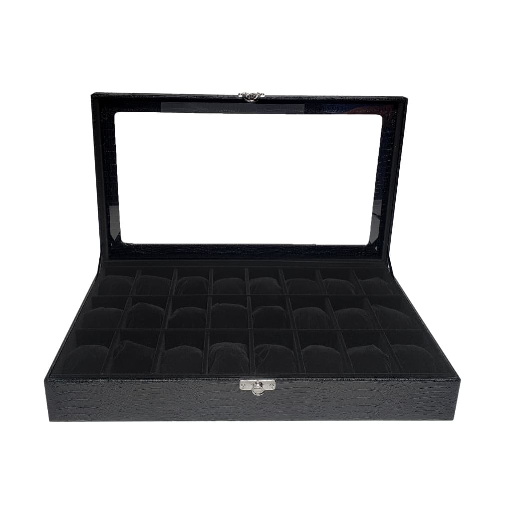 Organizador Para 24 relógios com Vidro Preto Interno Preto com Tampa de Vidro