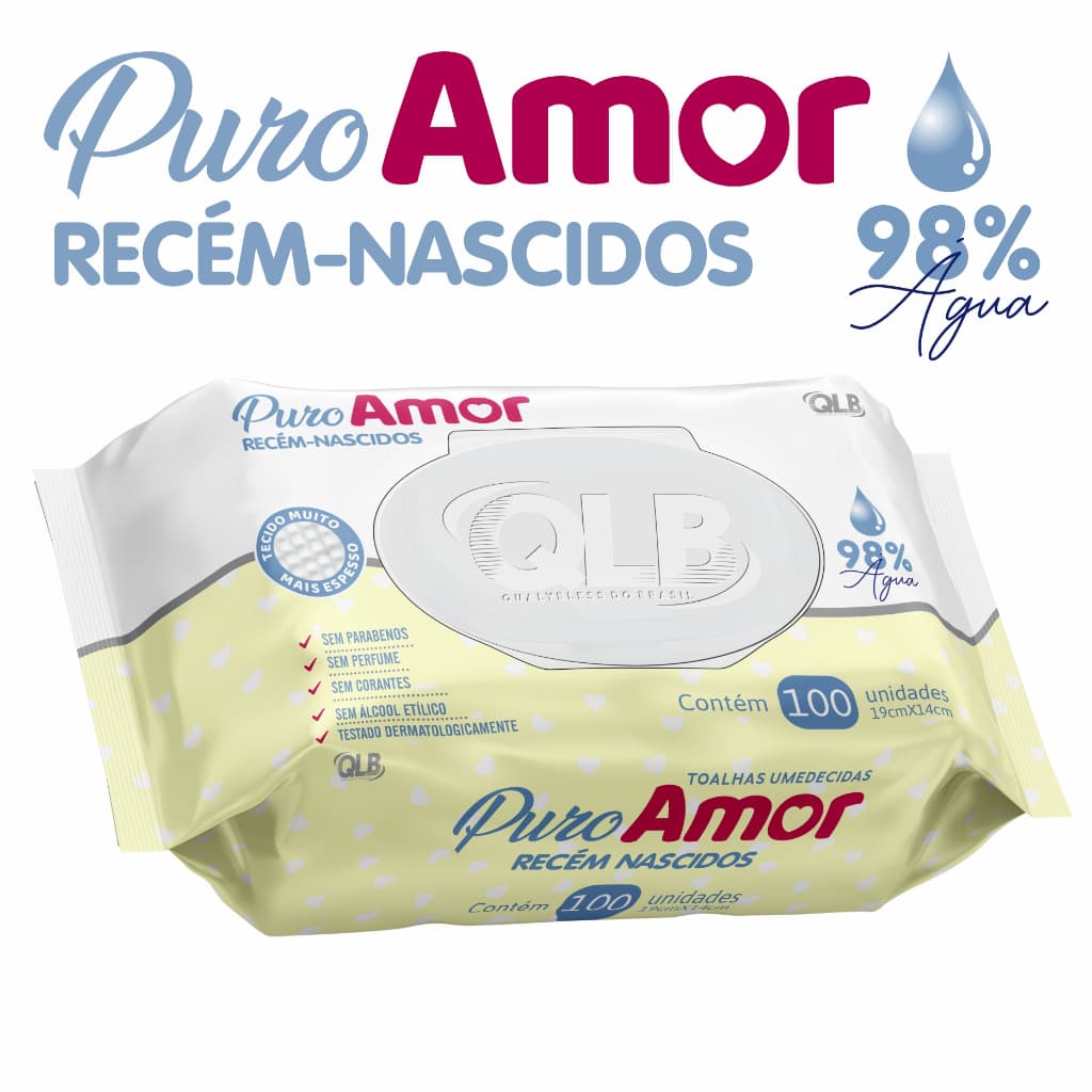 Caixa com 8 Lenços/Toalhas Umedecidas Puro Amor Recém-Nascidos c/100 Unidades Cada - Tampa FlipTop - Tecido mais espesso