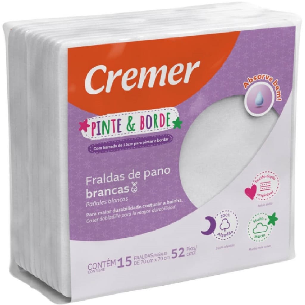 Fralda Infantil para Bebê Branca com Barrado para Pintura e Bordado Embalagem 15 Unidades