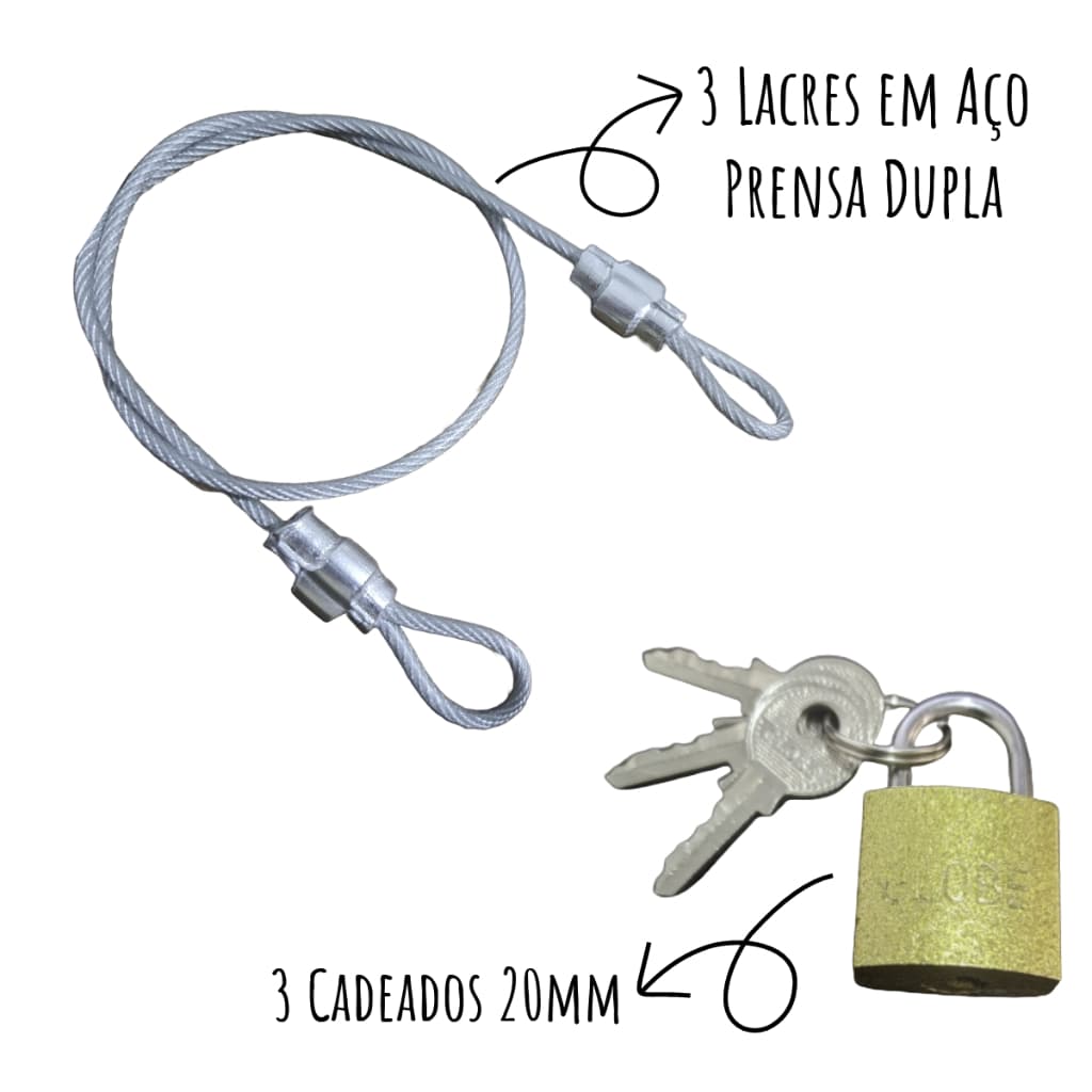 Kit Travel 3 Lacre em Aço 35cm Prensa Dupla + 3 Cadeado 20mm - Mala Bagagens Bike Capacete