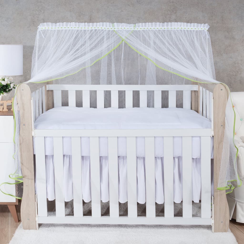 MOSQUITEIRO PARA BERÇO BEBÊ TULE BRANCO COM VIES VERDE DELICADO