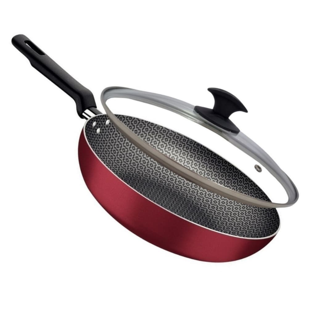 Frigideira Saudável Completa Funda Vermelha Antiaderente Tramontina Loreto 28cm Com Tampa Vidro