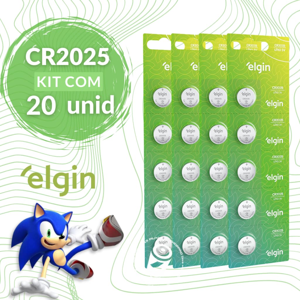 20 Baterias CR2025 3V Tipo Moeda Litio Lithium Elgin Energy - 04 Cartelas C/ 05 Unidades