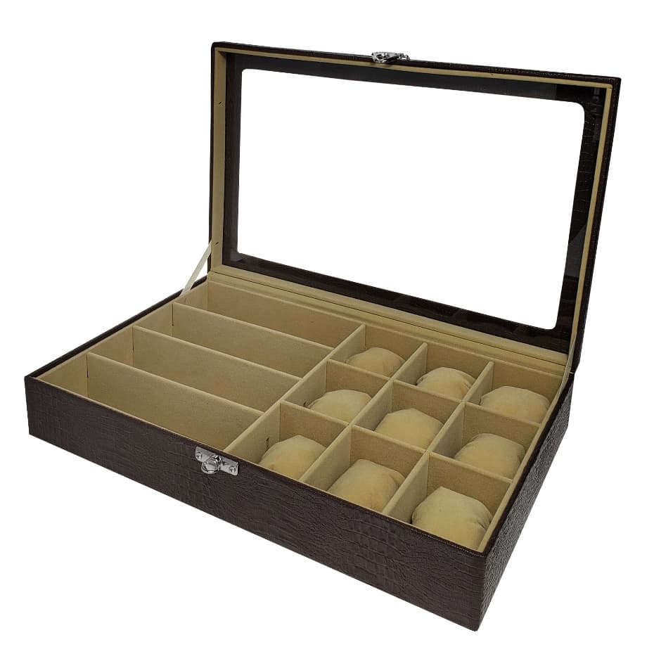 Caixa Estojo Para Relógios E Óculos Marrom com Interno Aveludado Bege