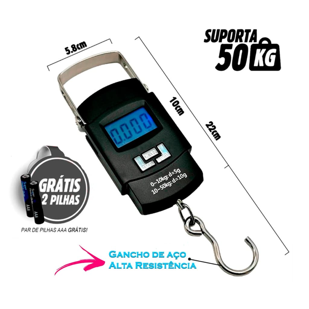 Balança Digital Portátil De Mão gancho Até 50kg Trava Mala Bagagem