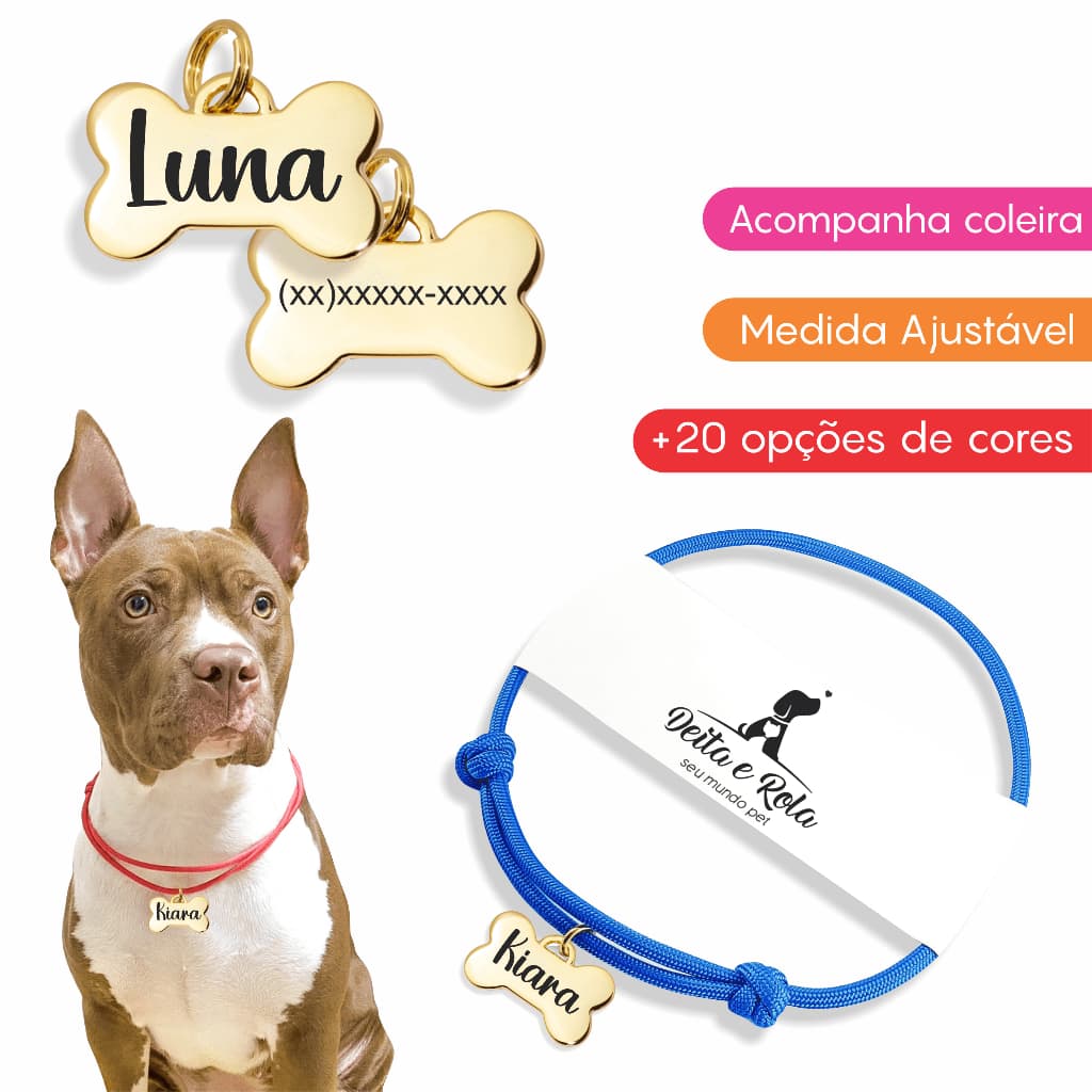 Coleira Cão com Pingente de Identificação PET Gravada Plaquinha Pingente Personalizado