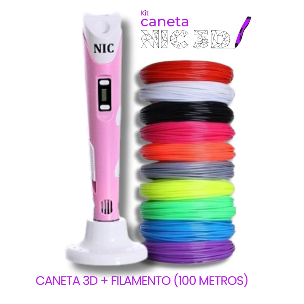 Caneta 3D Rosa + Filamento 100 metros - 6 Meses de Garantia