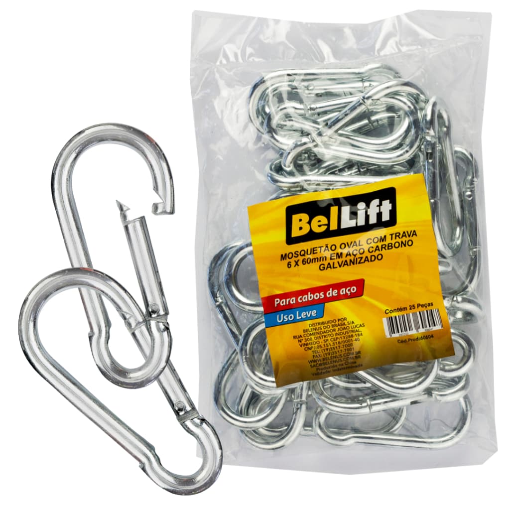 25 Mosquetão Trava Mola 6x60mm Aço Galvanizado 80kg