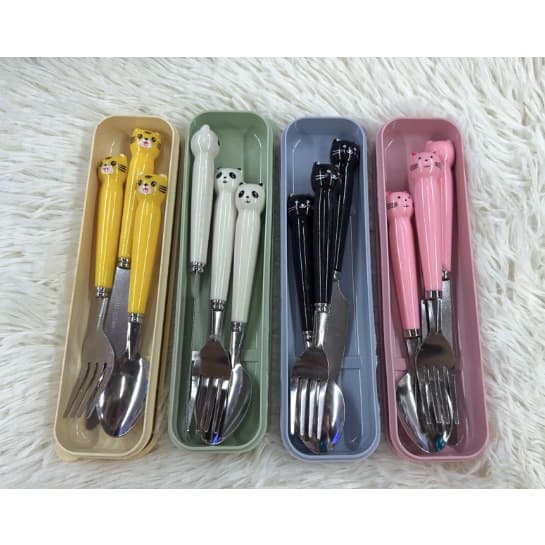 Kit 3 Garfo Colher e faca Aço Inoxidável 4 cores animal
